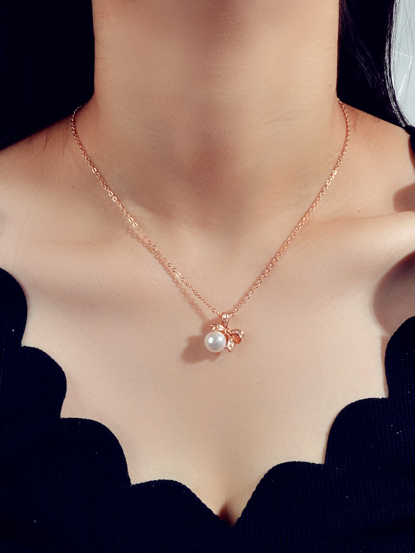 Anniversary Wedding Jewellery Rhinestone Rosegold Chain Pearl Bowknot Necklace