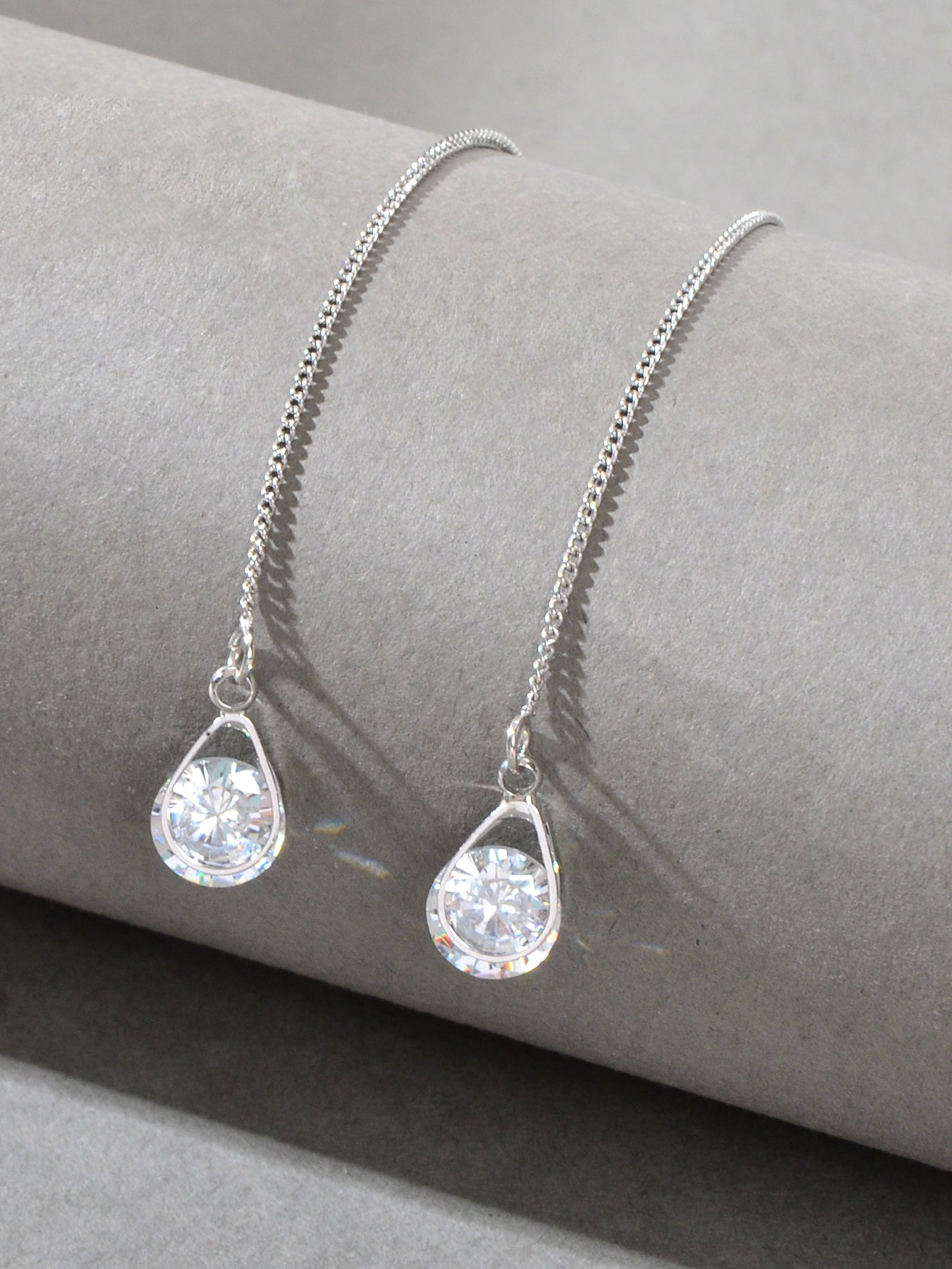 Ladies Jewellery Silver Long Chain Faux Cubic Zirconia Charm Dangle Earrings-1