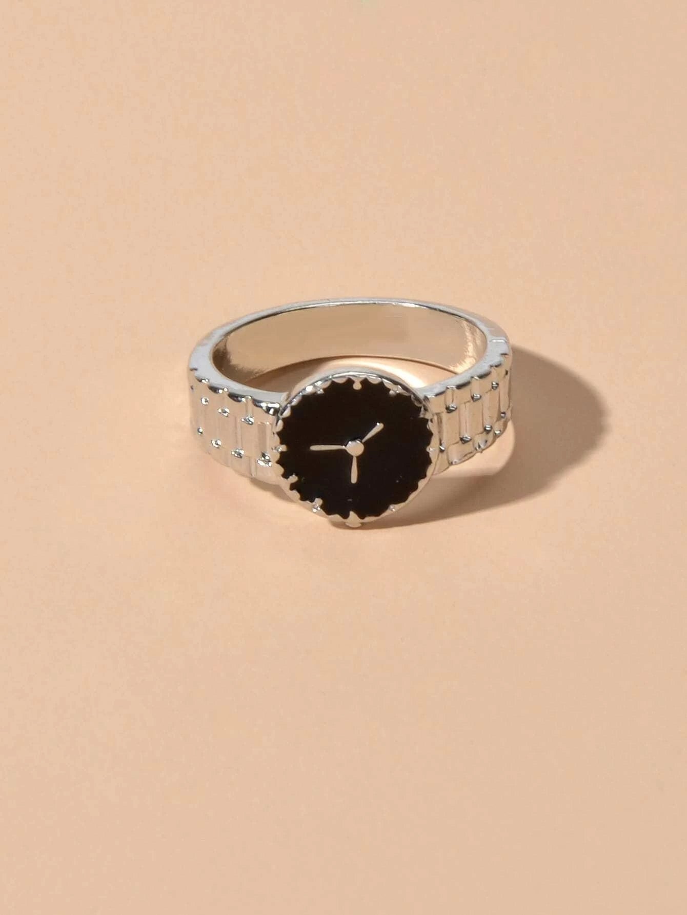 Black Enamel Watch Design Silver Fashion Women Cute Finger Ring Wholesale Price-3