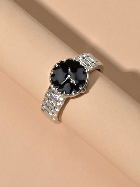 Black Enamel Watch Design Silver Fashion Women Cute Finger Ring Wholesale Price-0