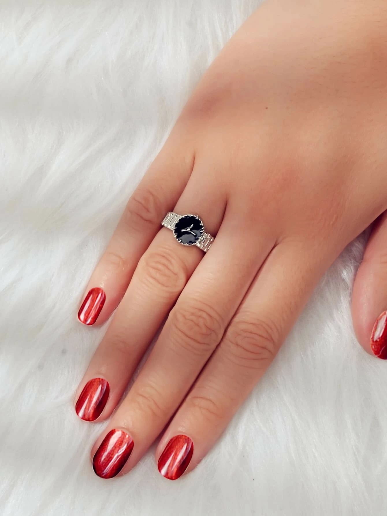 Black Enamel Watch Design Silver Fashion Women Cute Finger Ring Wholesale Price-1