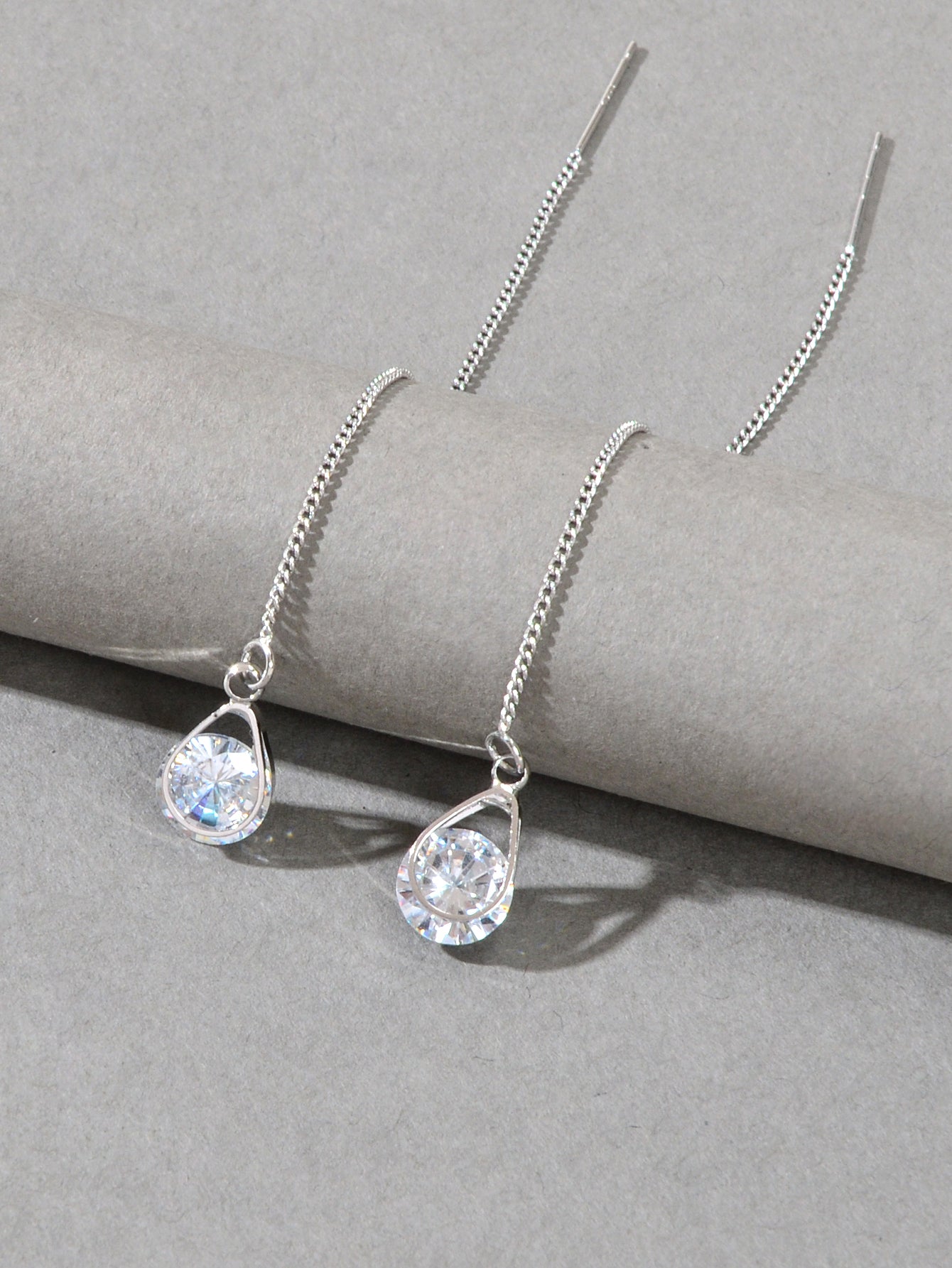 Ladies Jewellery Silver Long Chain Faux Cubic Zirconia Charm Dangle Earrings-2