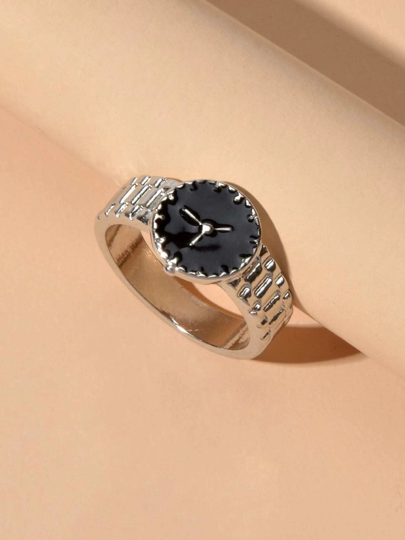 Black Enamel Watch Design Silver Fashion Women Cute Finger Ring Wholesale Price-2