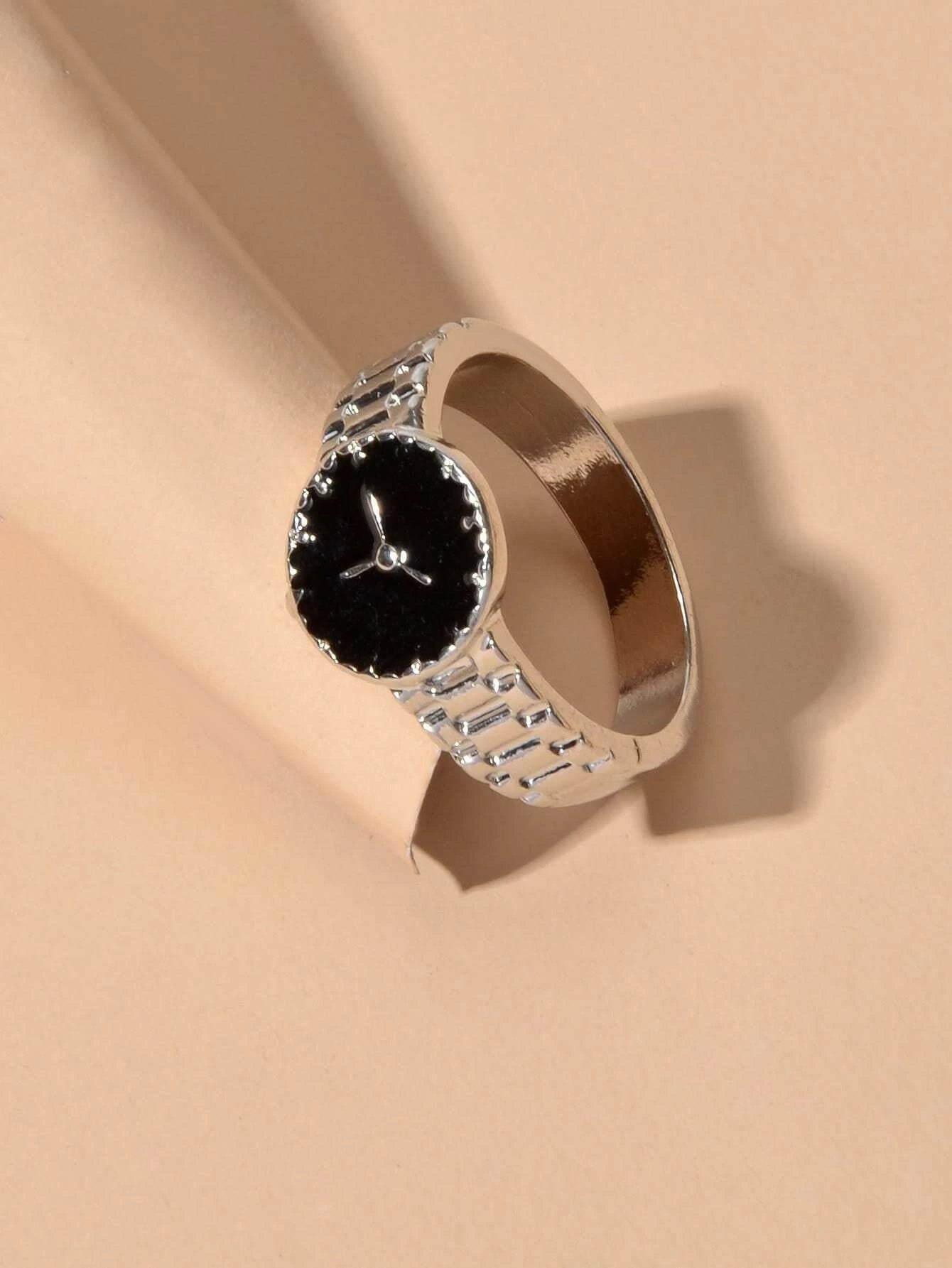 Black Enamel Watch Design Silver Fashion Women Cute Finger Ring Wholesale Price-4