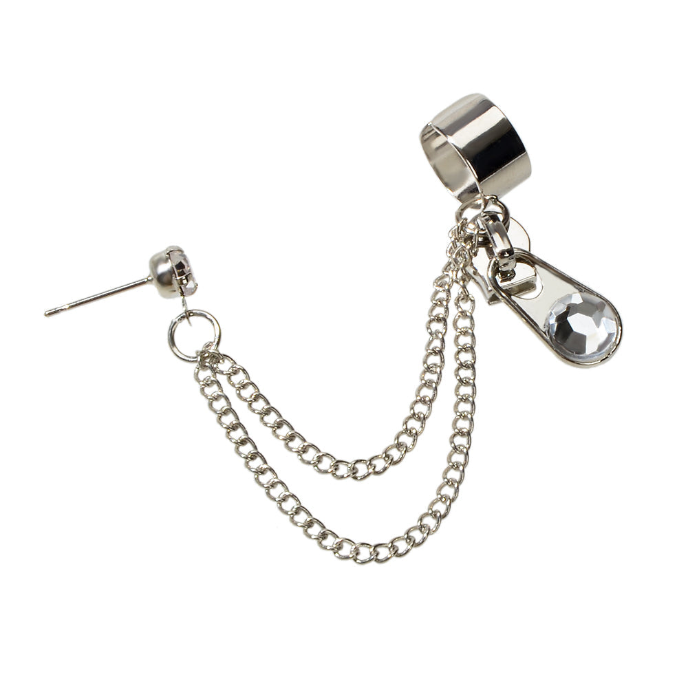 1pc Punk Silver Chain Rhinestone Zipper Shape Stud Cartilage Earrings Ear Cuff
